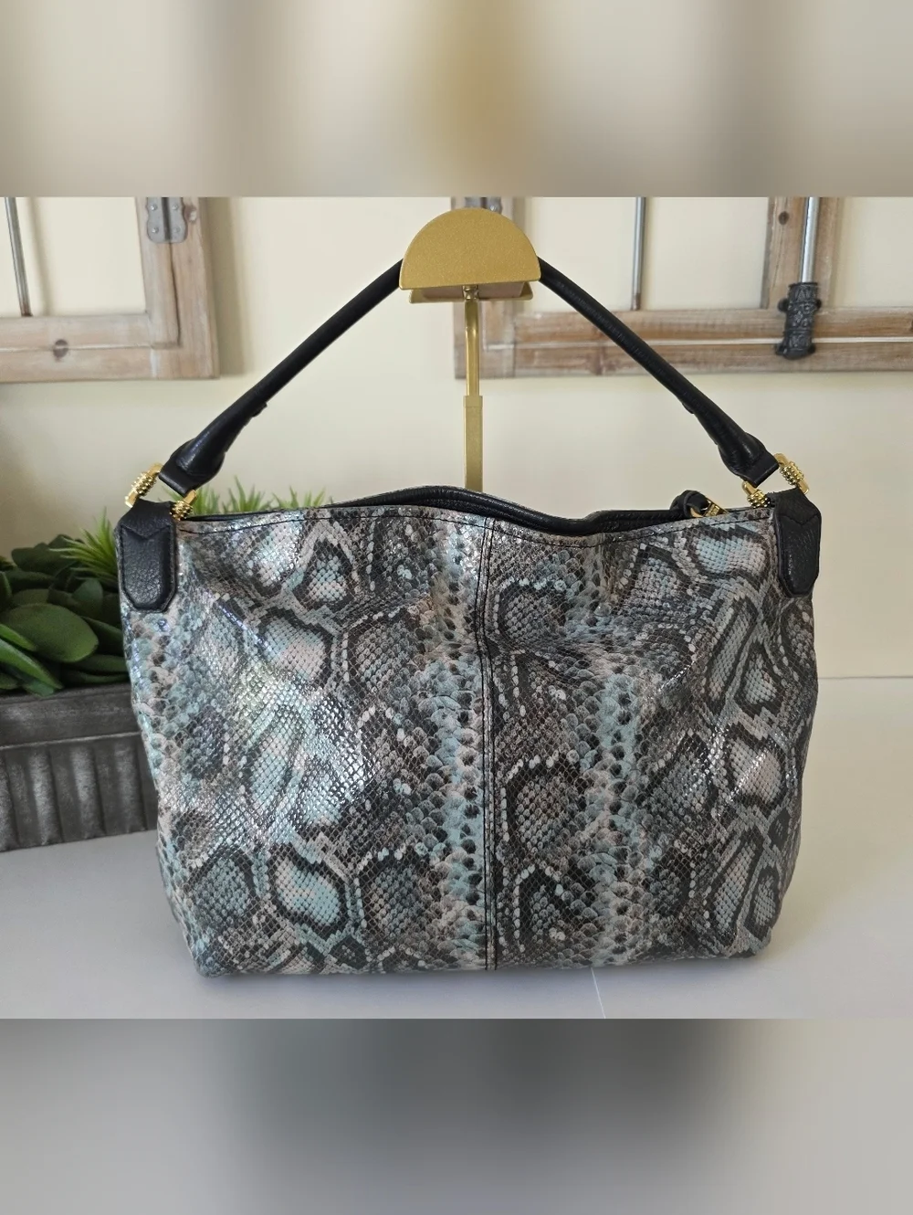Aimee Kestenberg Snakeskin Embossed Leather Hobo Bag Gray Black Pale Blue